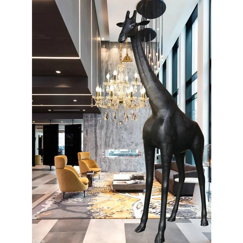 Tall Floor Lamp for Living Room Stairs | Sculpture with Crystal Chandelier | Black Giraffe