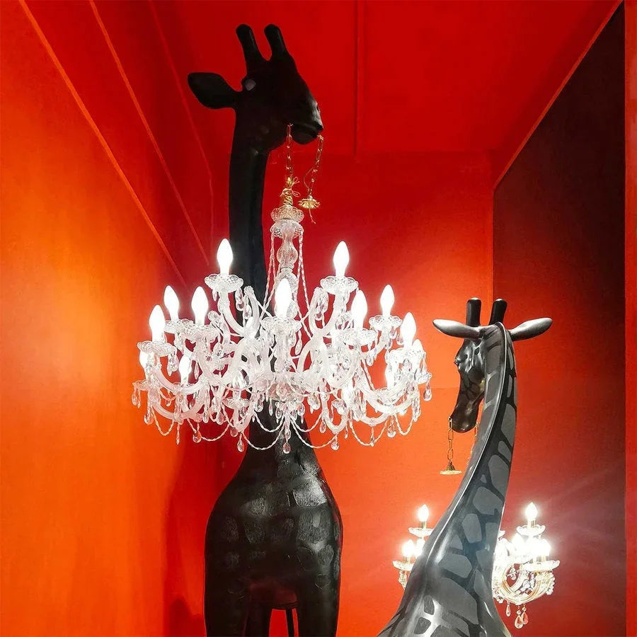 Tall Floor Lamp for Living Room Stairs | Sculpture with Crystal Chandelier | Black Giraffe