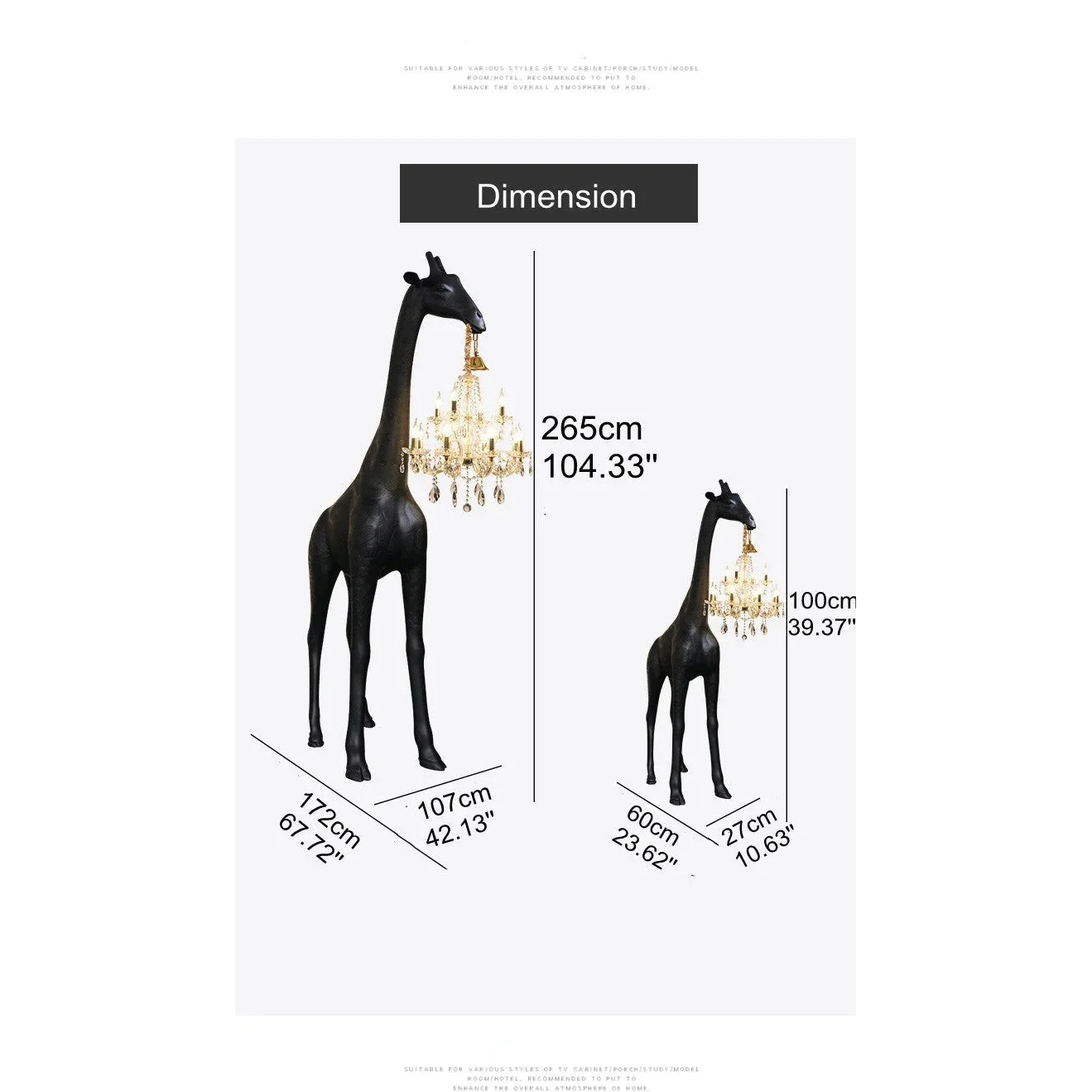 Tall Floor Lamp for Living Room Stairs | Sculpture with Crystal Chandelier | Black Giraffe