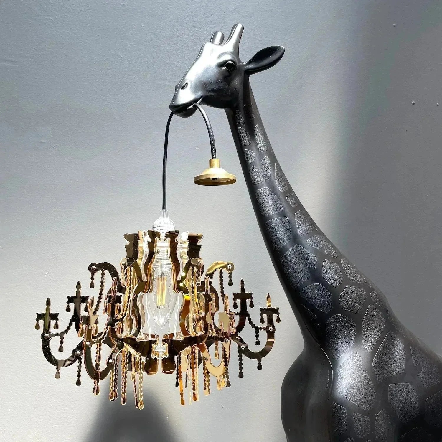 Tall Floor Lamp for Living Room Stairs | Sculpture with Crystal Chandelier | Black Giraffe