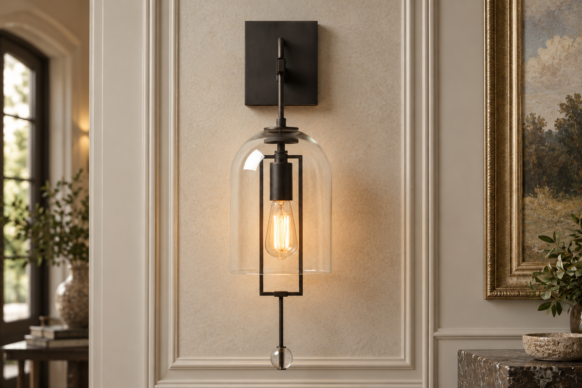 Black Glass & Copper Bell Wall Sconce 59cm | Tall Bell-jar Modern Industrial Hallway Bedroom Casalolalights Luxury