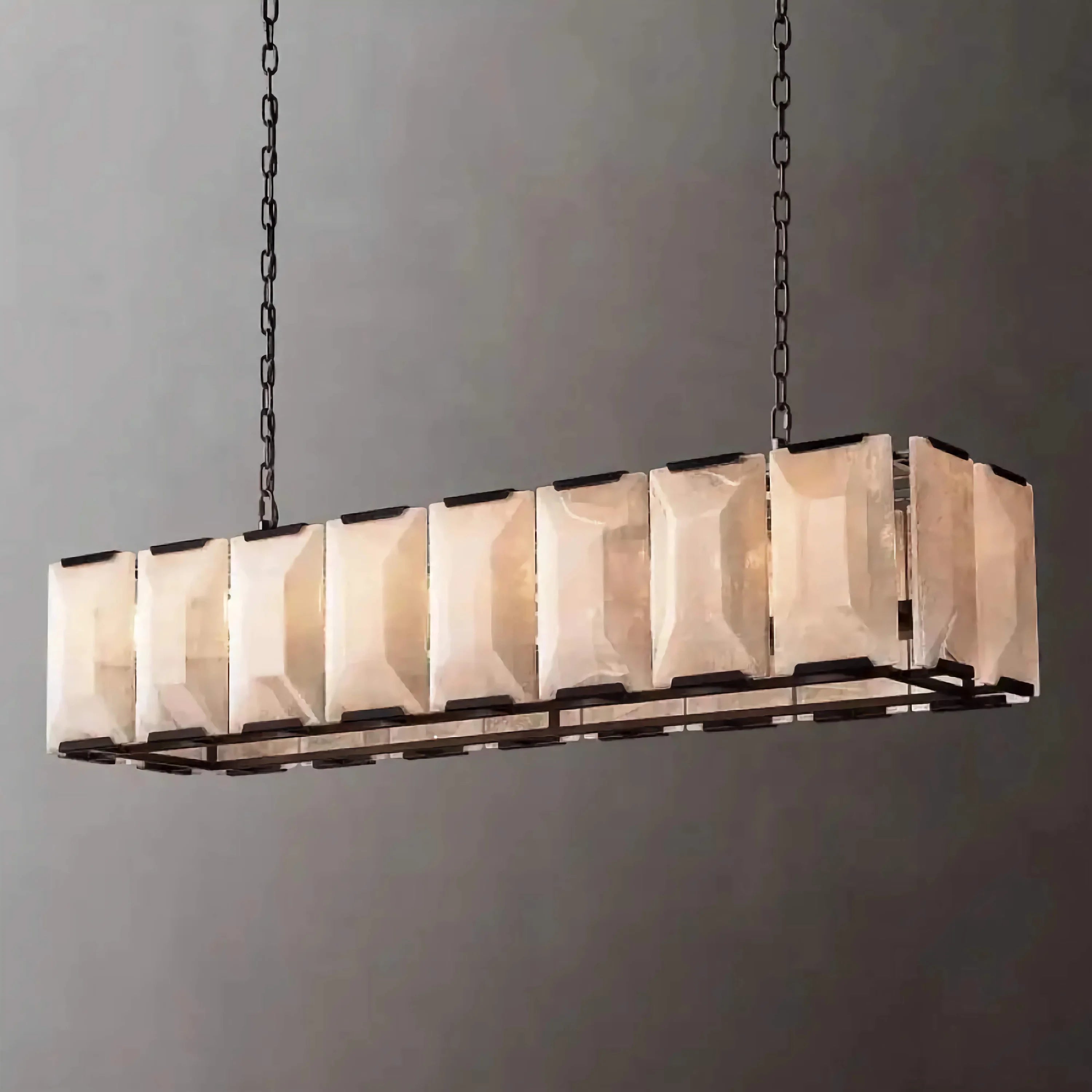 Black Rectangular Alabaster Linear Chandelier | Brass Pendant Lighting for Dining Table or Kitchen Island