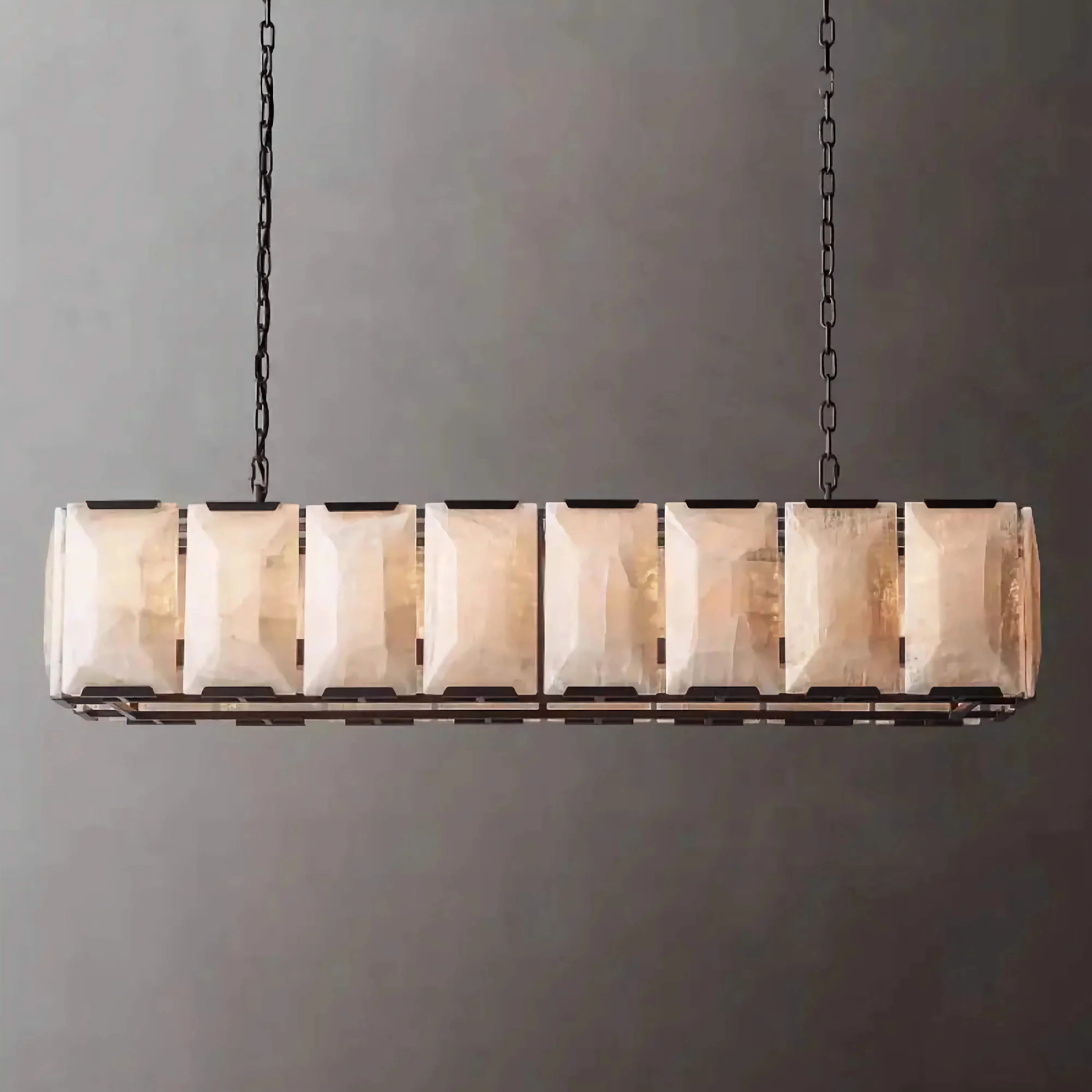 Black Rectangular Alabaster Linear Chandelier | Brass Pendant Lighting for Dining Table or Kitchen Island