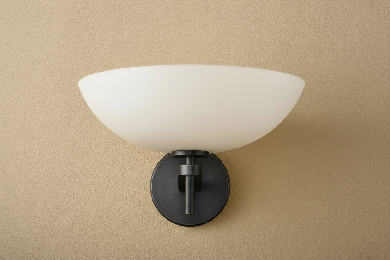 Opal Glass Bowl Wall Sconce – 30 Cm Black Copper G4 Light for Bedroom Living Room or Vanity