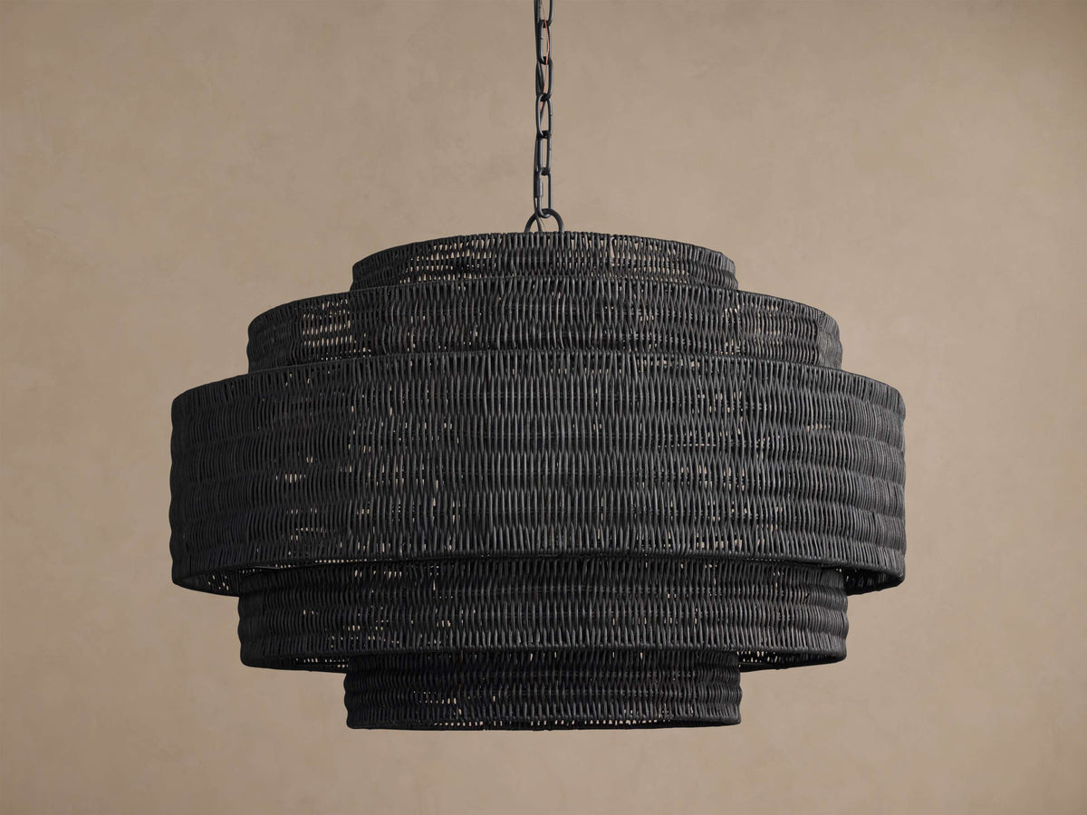 Black rattan chandelier, five-tier woven drum on a black chain, unlit