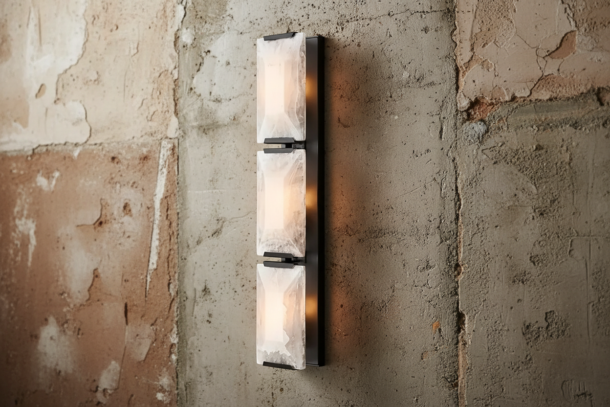 Black triple calcite and copper wall sconce full view