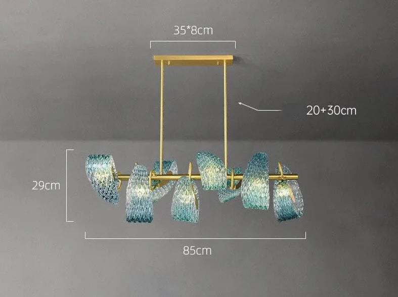 Blue Glass Chandelier 85cm | Hand-formed Ribbon Statement Light Brushed Gold Foyer Dining & Stairwell Casalolalights