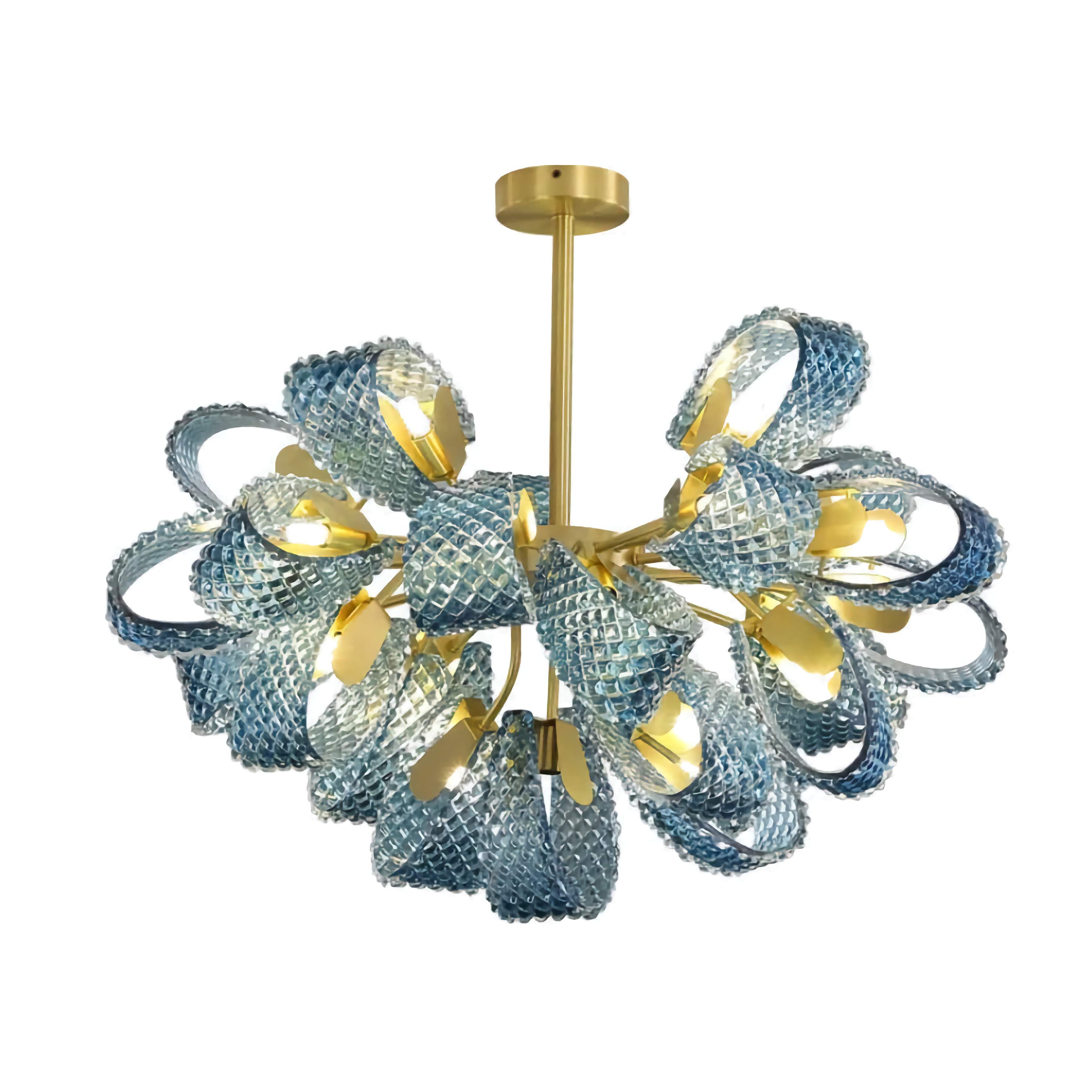 Blue Glass Chandelier 85cm | Hand-formed Ribbon Statement Light Brushed Gold Foyer Dining & Stairwell Casalolalights