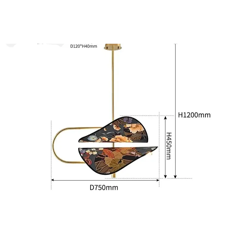 Modern Brass Pendant Light | Italian Akira Leaf Panels Hand Painted Floral | Luxury Dimmable Dining Fixture