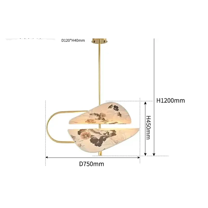 Modern Brass Pendant Light | Italian Akira Leaf Panels Hand Painted Floral | Luxury Dimmable Dining Fixture