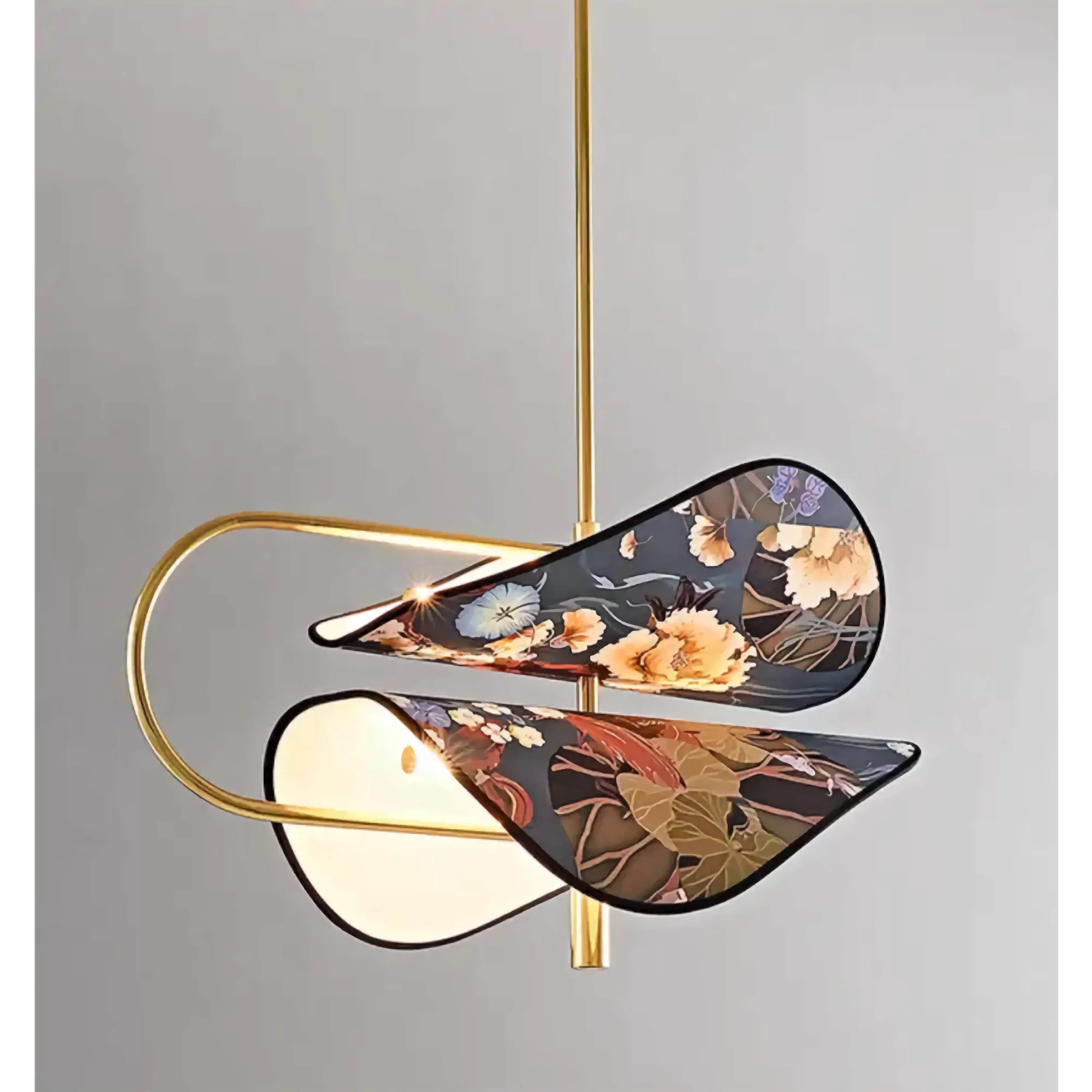 Modern Brass Pendant Light | Italian Akira Leaf Panels Hand Painted Floral | Luxury Dimmable Dining Fixture
