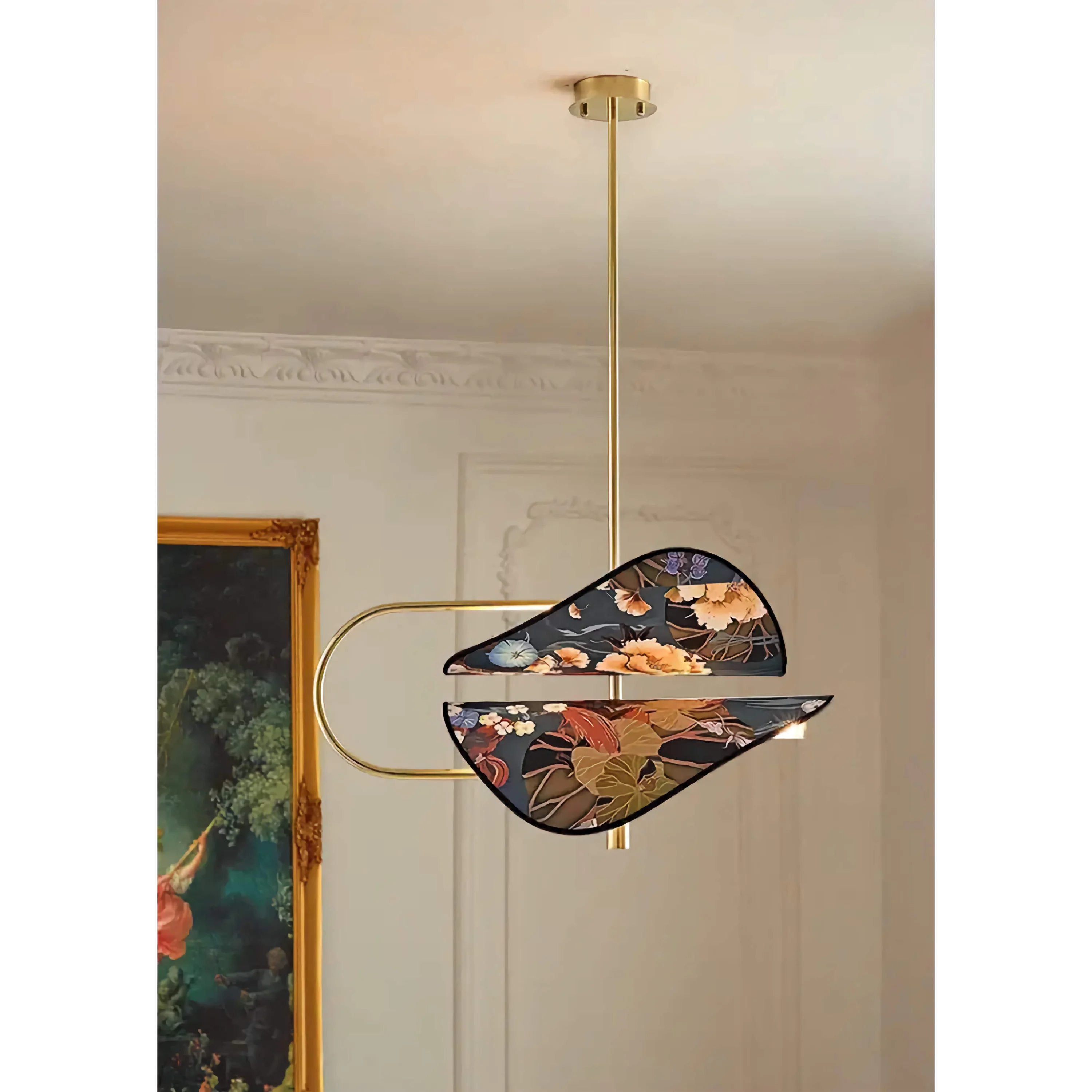 Modern Brass Pendant Light | Italian Akira Leaf Panels Hand Painted Floral | Luxury Dimmable Dining Fixture