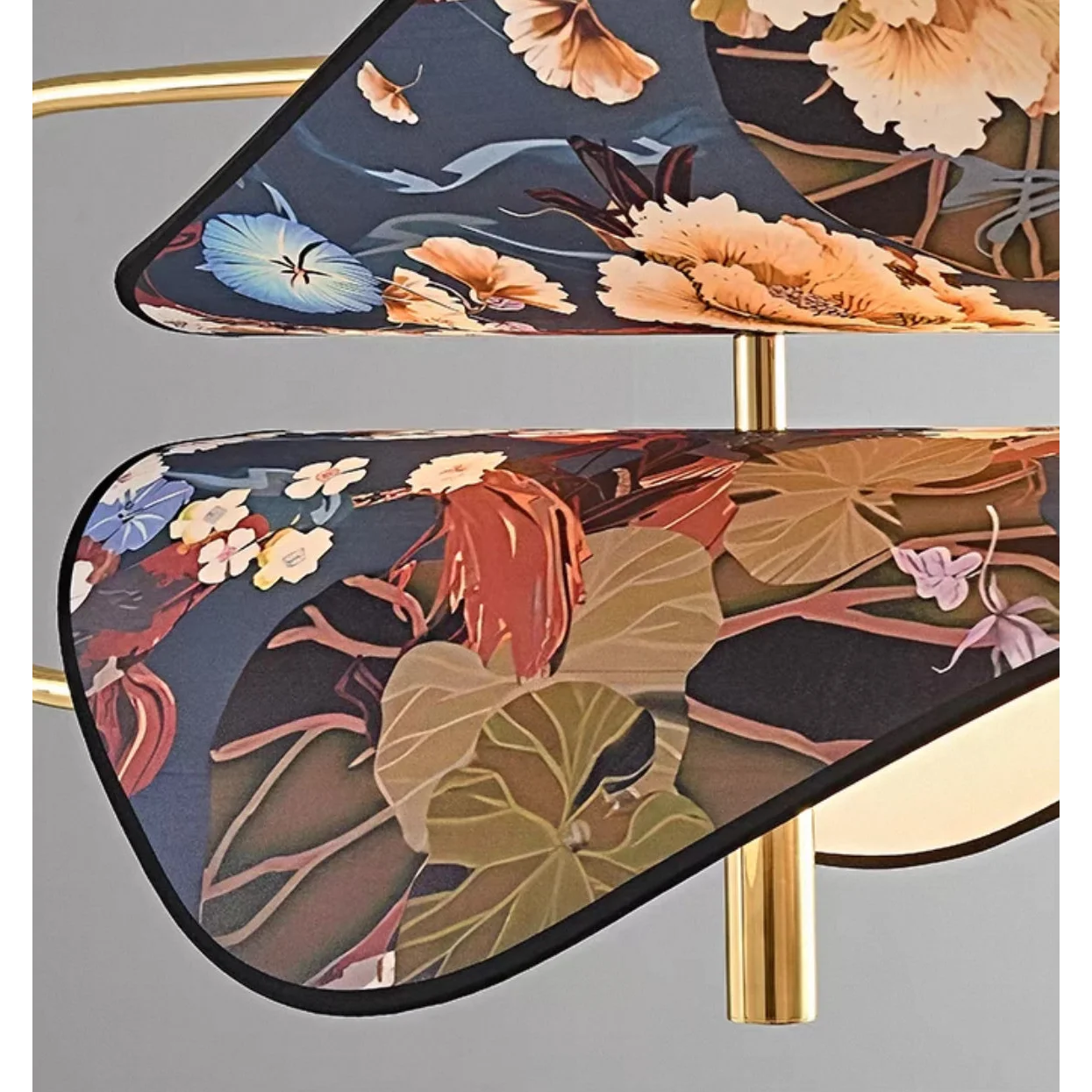 Modern Brass Pendant Light | Italian Akira Leaf Panels Hand Painted Floral | Luxury Dimmable Dining Fixture