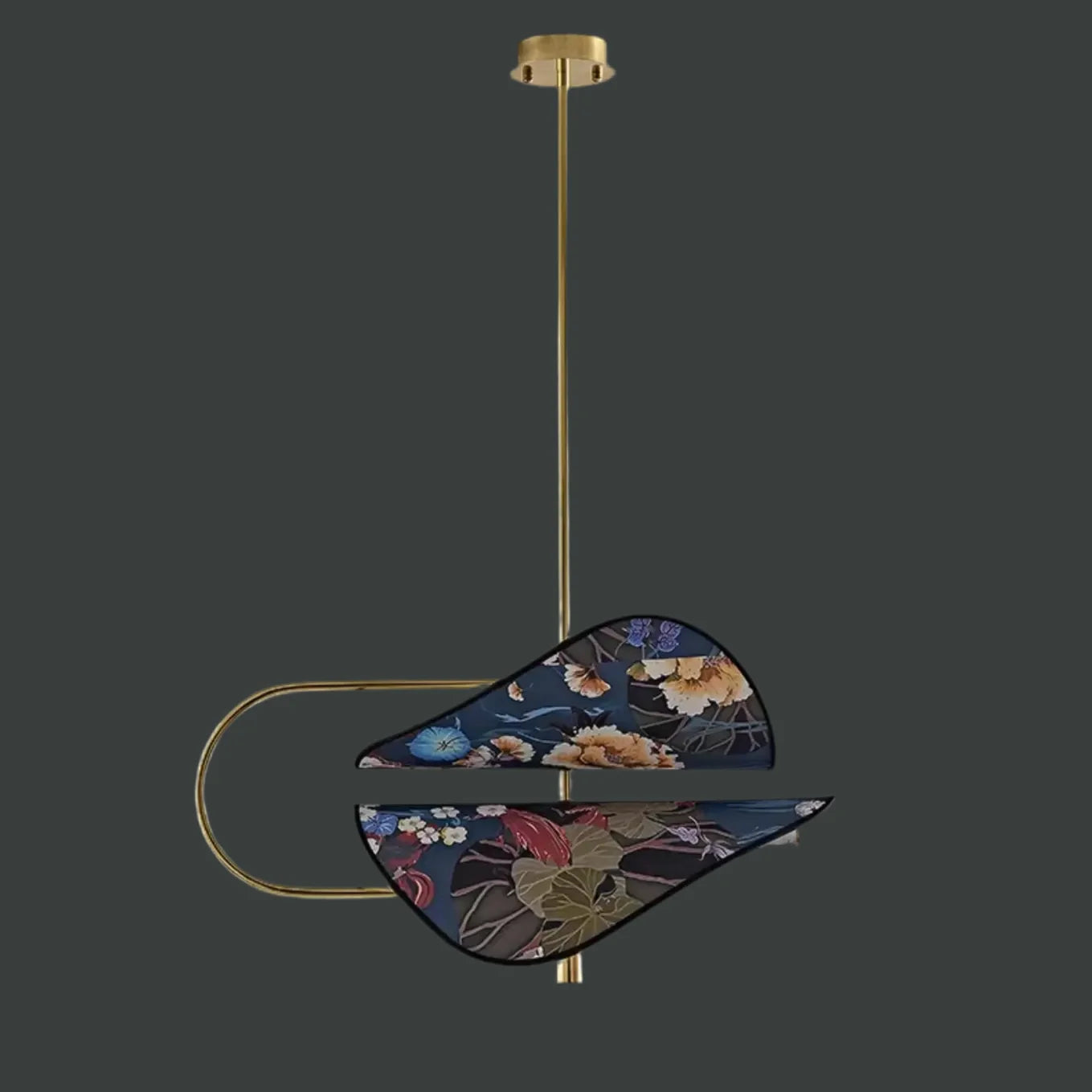 Modern Brass Pendant Light | Italian Akira Leaf Panels Hand Painted Floral | Luxury Dimmable Dining Fixture