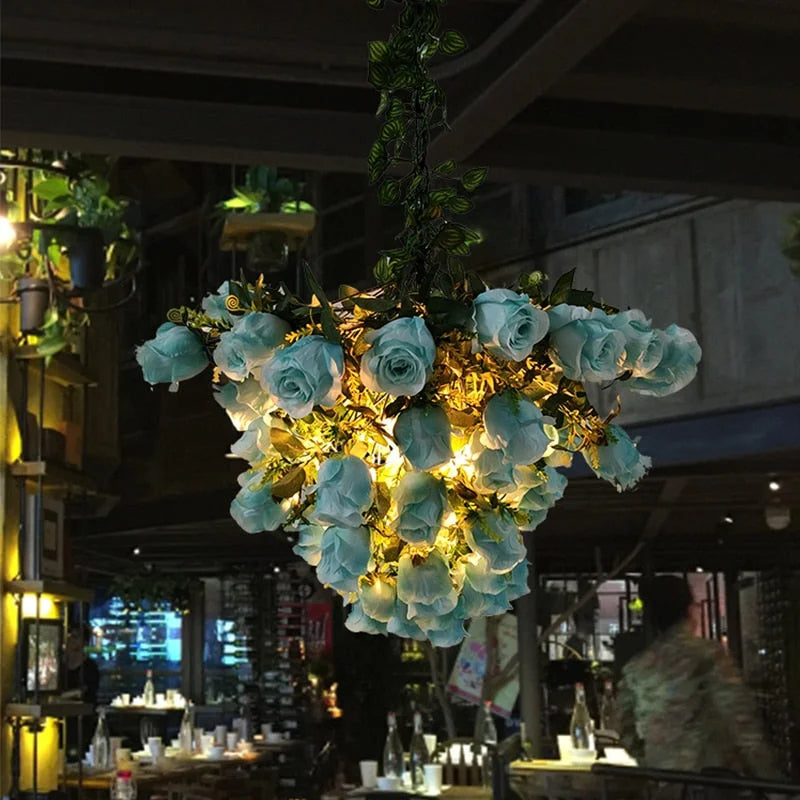 Flower Pendant Lamp | Blue Flowers Chandelier | Ceiling Light Fixture for Biophilic Design