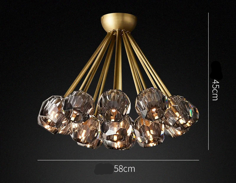 Crystal Globe Semi Flush Chandelier | Patinated Brass Modern Ceiling Light for Dining Room Statement Fixture