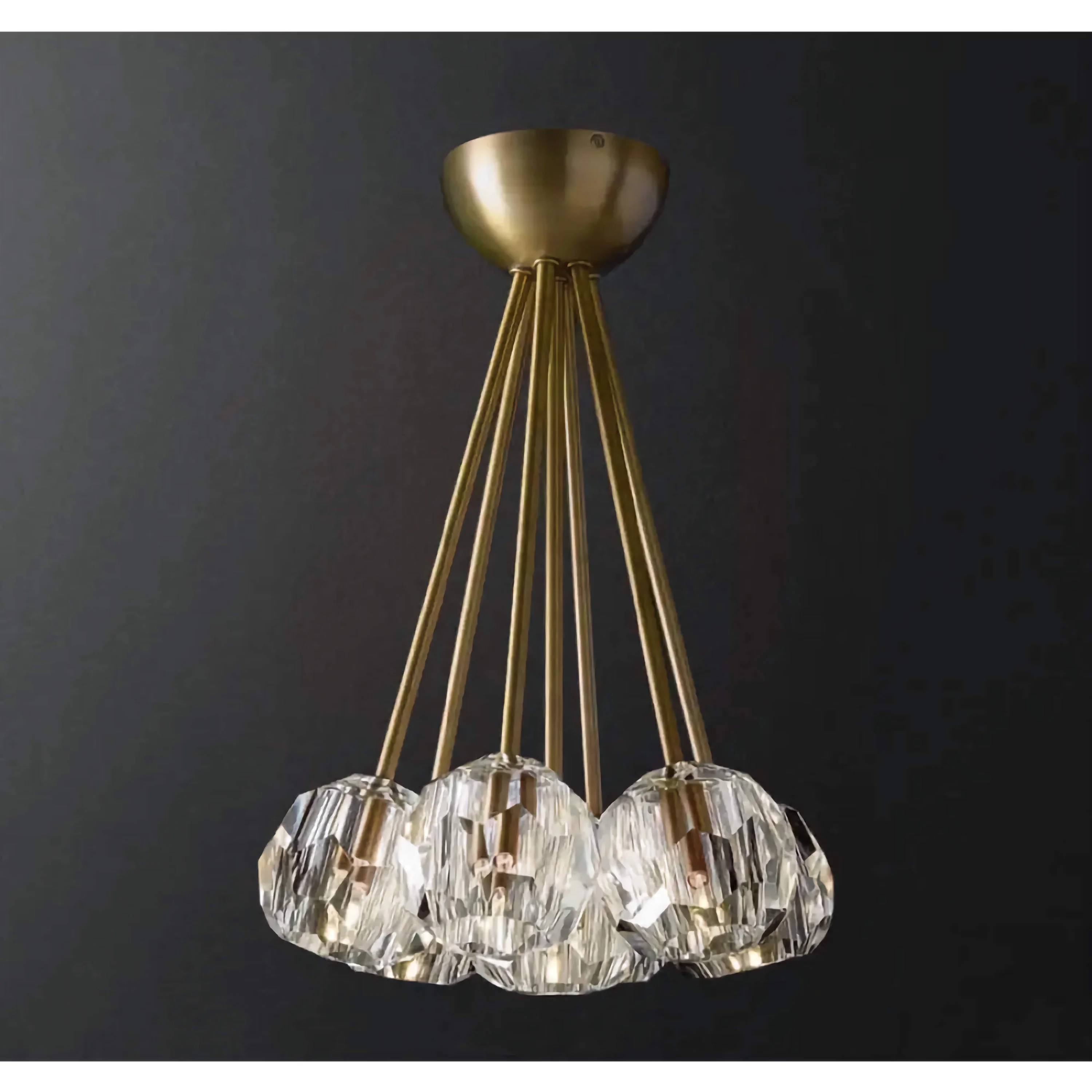 Crystal Globe Semi Flush Chandelier | Patinated Brass Modern Ceiling Light for Dining Room Statement Fixture
