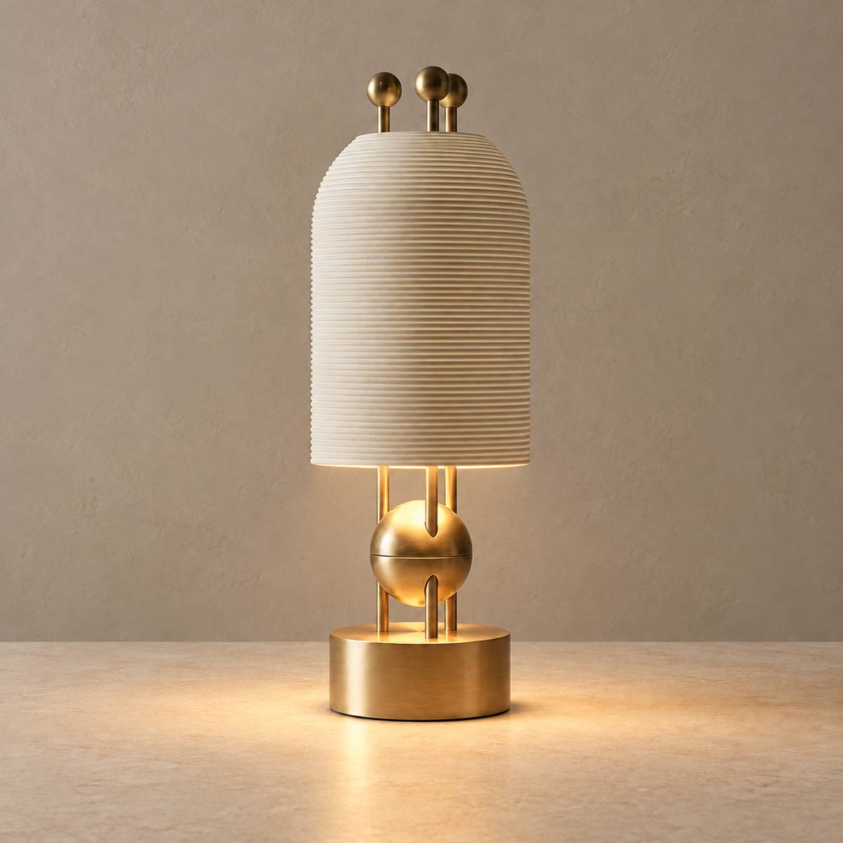 Brass table lamp casting warm light below its ribbed ceramic shade.