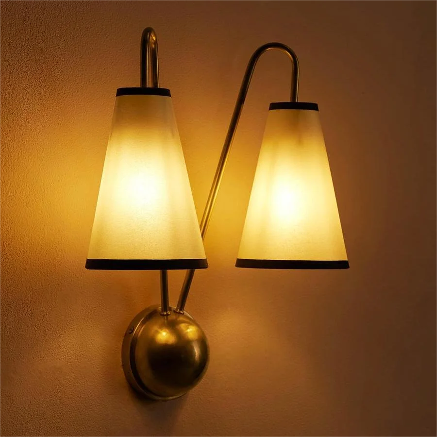 Brass Twin Arm Wall Sconce | Modern Cone Shade for Bedroom or Hallway