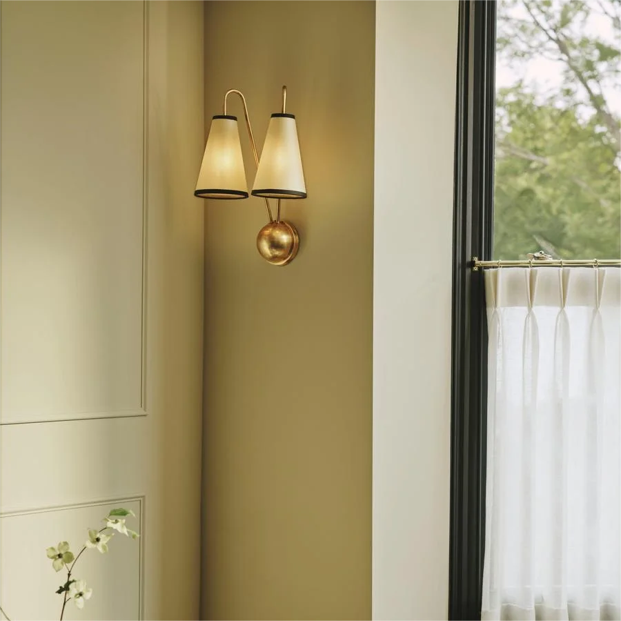 Brass Twin Arm Wall Sconce | Modern Cone Shade for Bedroom or Hallway
