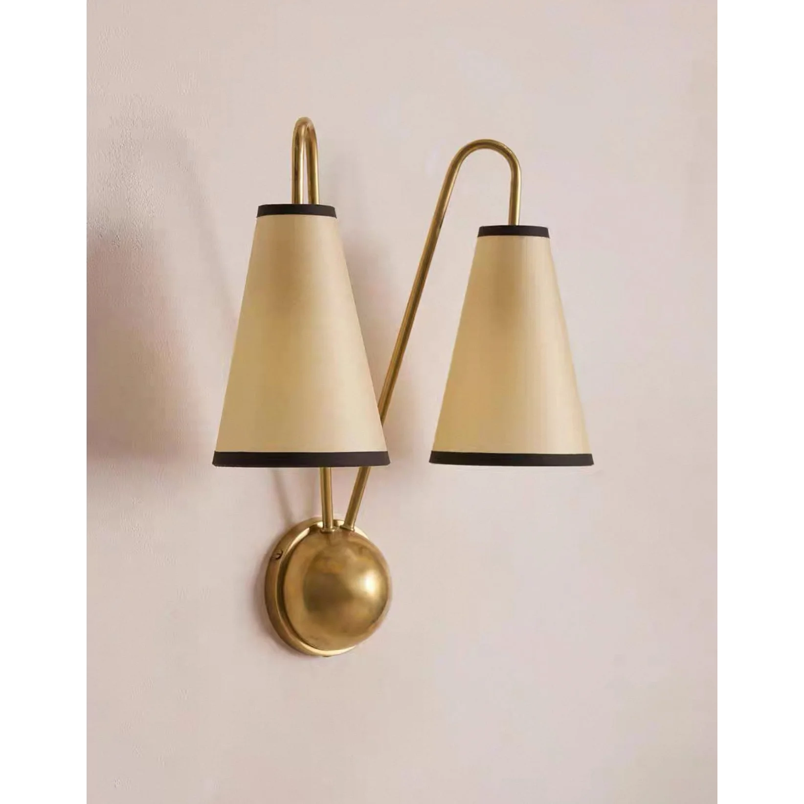 Brass Twin Arm Wall Sconce | Modern Cone Shade for Bedroom or Hallway