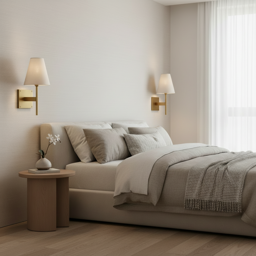 Brass Wall Sconce – Fabric Shade E14 Bedside & Bathroom Vanity Light