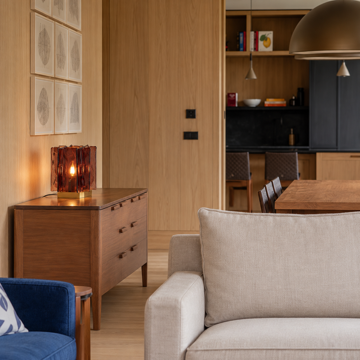 Burgundy glass Blades table lamp on a walnut sideboard in a wood-panelled living room.