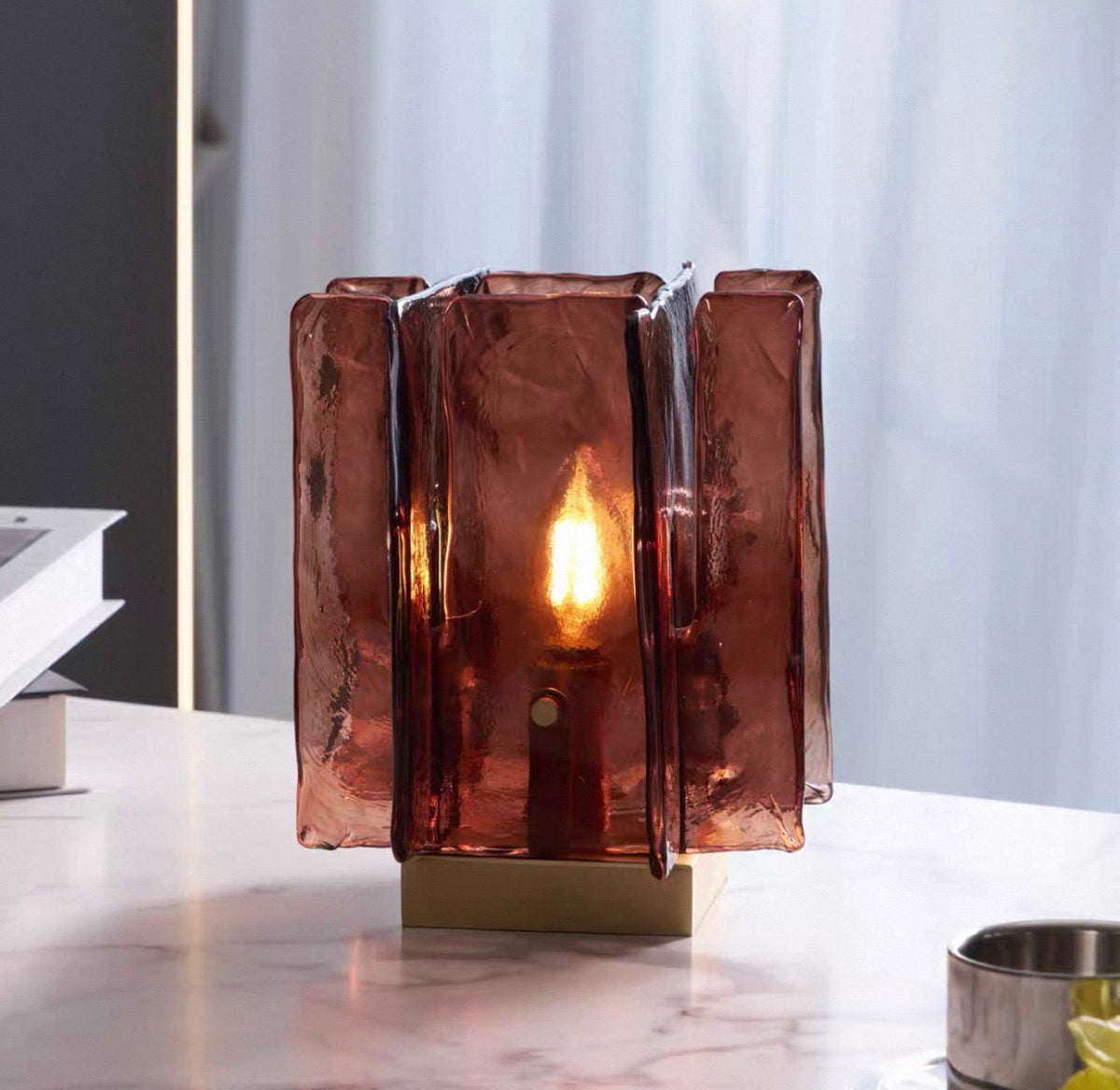 Burgundy Glass Table Lamp for Shelf and Bar | Cast Blade Fins Art Deco Compact 23 Cm Casalola Lights Luxury Lamps