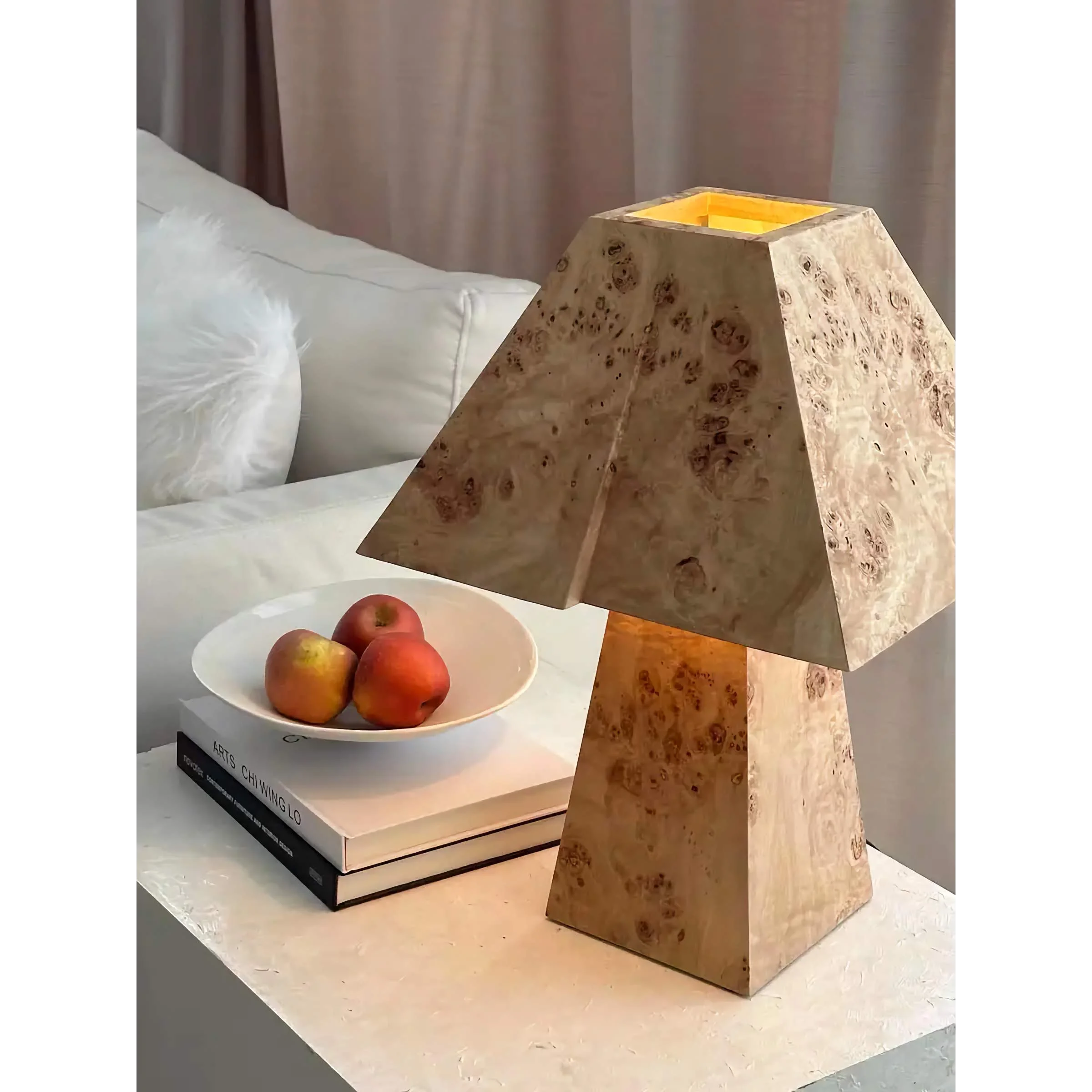 Burl Wood Table Lamp | Geometric Sculptural Veneer Lighting
