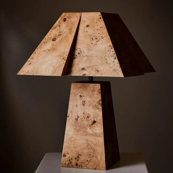 Burl Wood Table Lamp | Geometric Sculptural Veneer Lighting