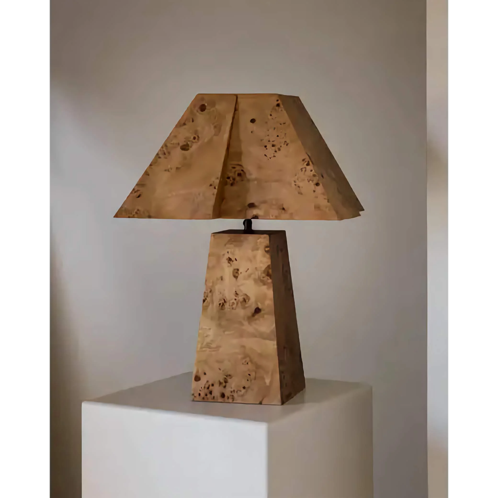 Burl Wood Table Lamp | Geometric Sculptural Veneer Lighting