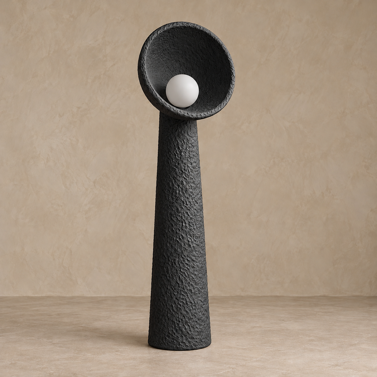 Large black Calla plaster lamp, 200 cm high with a 60 cm bowl, switched off.
