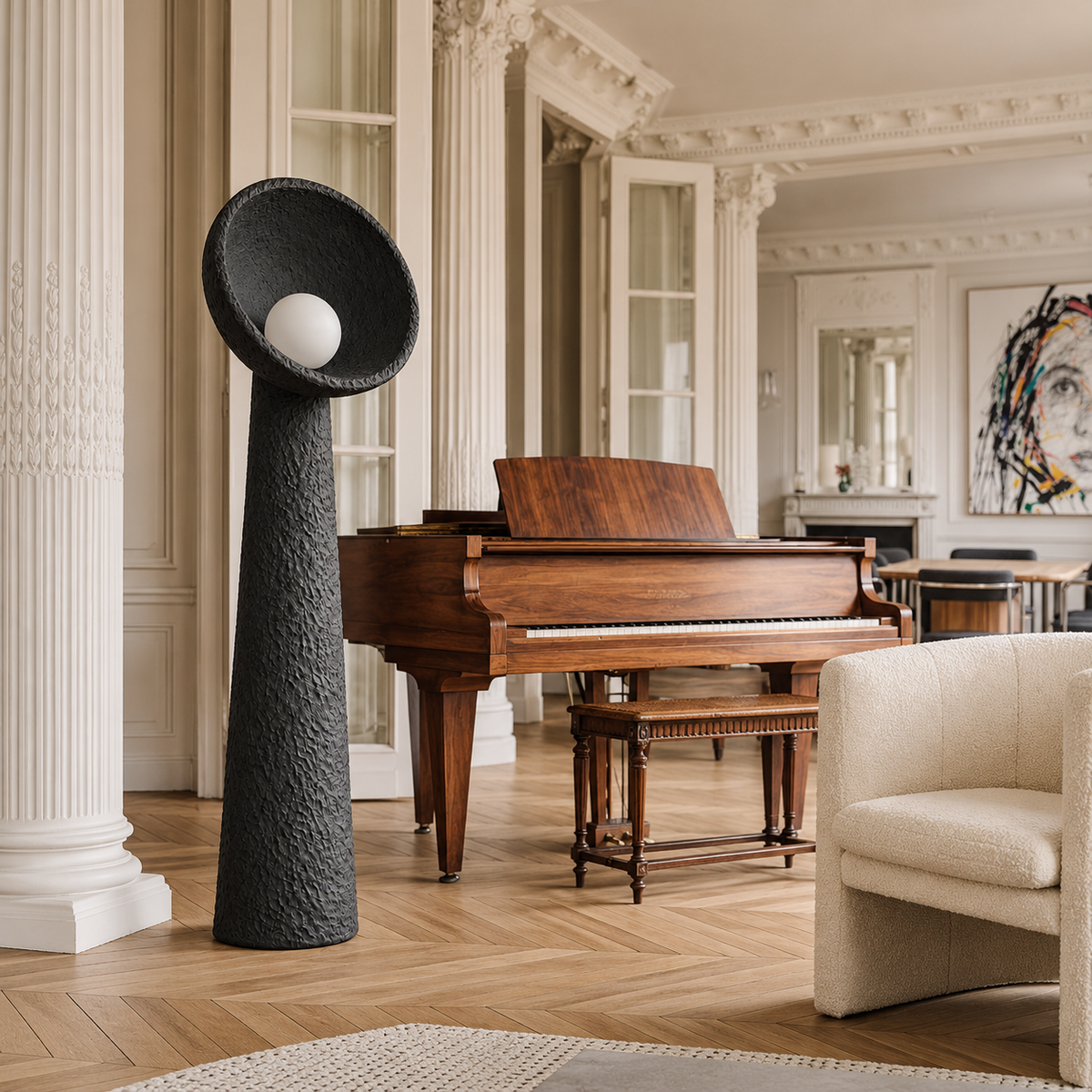 Large black Calla plaster floor lamp beside a walnut piano in a Parisian apartment.