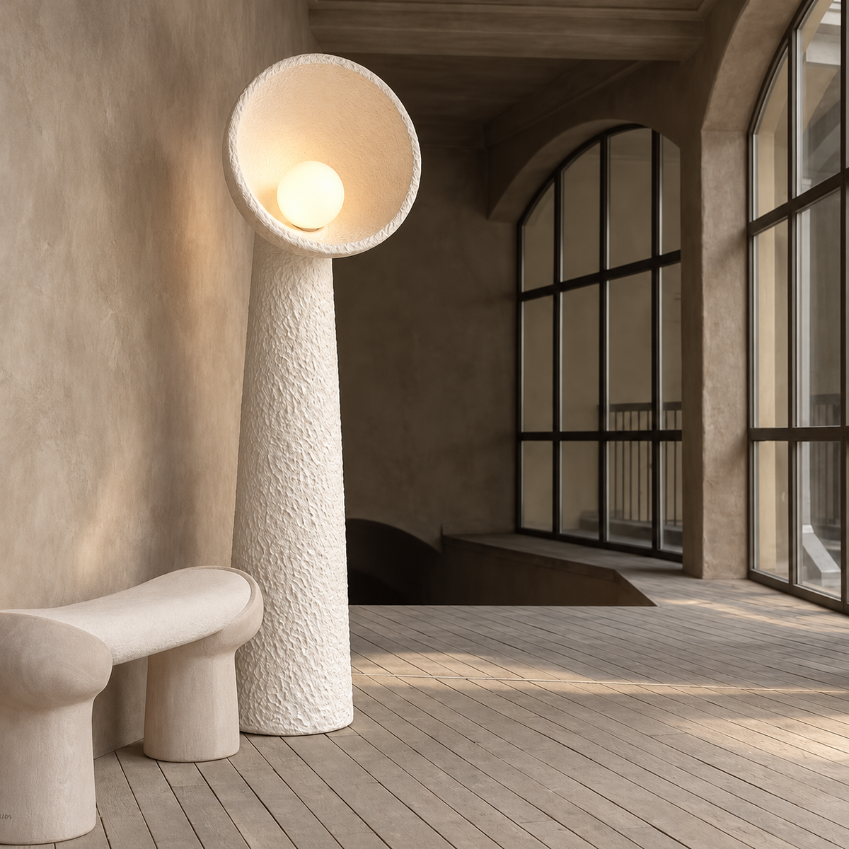 Tall white plaster floor lamp beside a sculptural bench and arched windows.