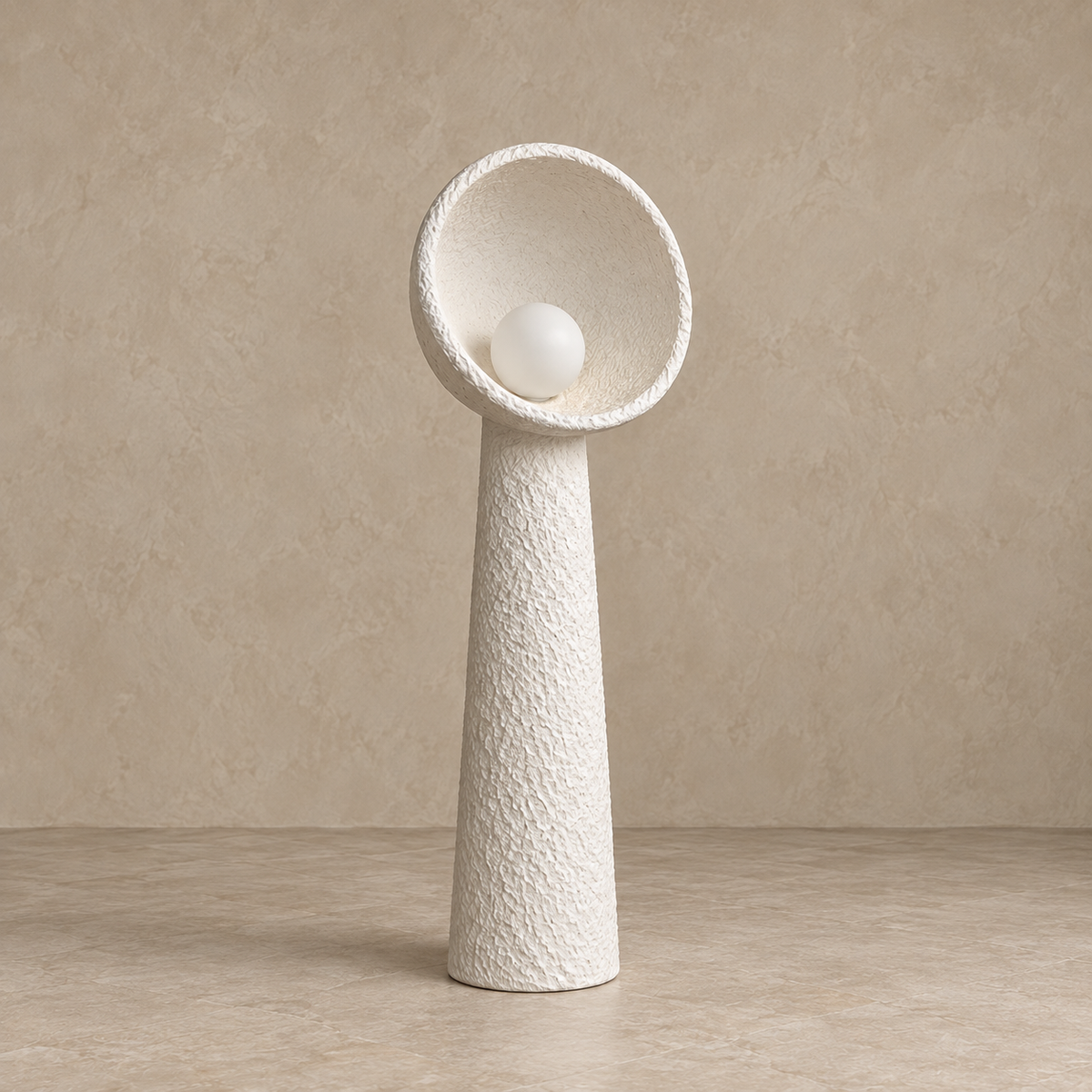 Medium white Calla plaster lamp, 120 cm high with a 40 cm bowl and an unlit globe bulb.