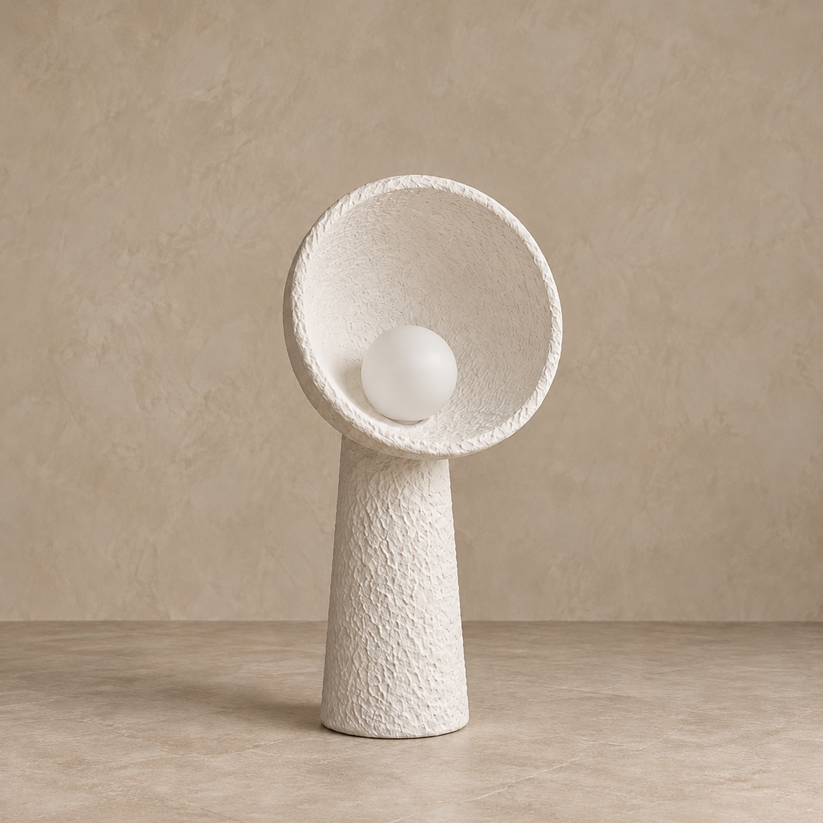 Small white Calla plaster lamp, 60 cm high with a 30 cm bowl and an unlit globe bulb.