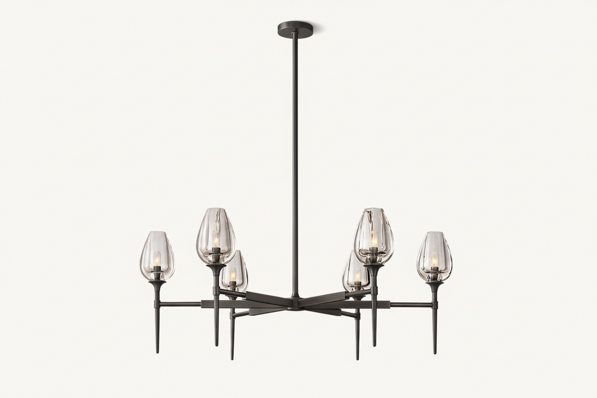 Smoked Glass Chandelier for Dining Room | Tulip Candle Shades Brass or Black 27 42 54 Inch Wide Casalola Lights Luxury