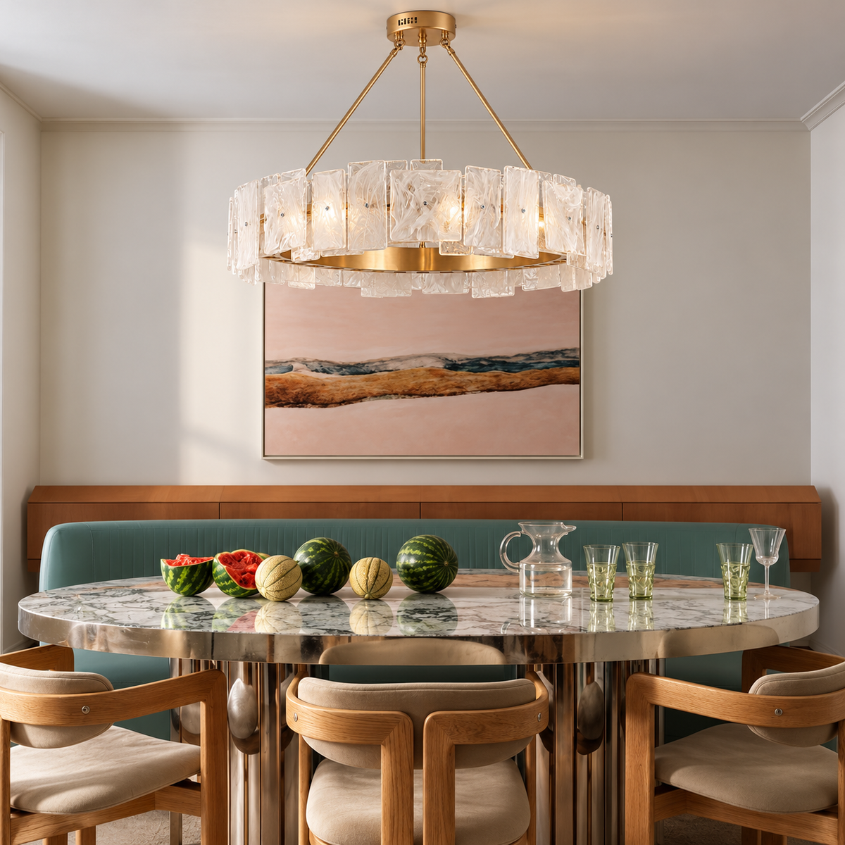 CX Carine glass ring chandelier over a marble dining table with a green banquette