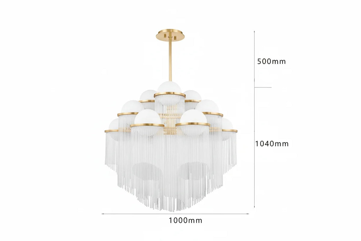 Cascading Glass Rod Chandelier | 12-light Opal Globe & Brass Art Deco Dining Foyer Casalolalights Luxury Lamps