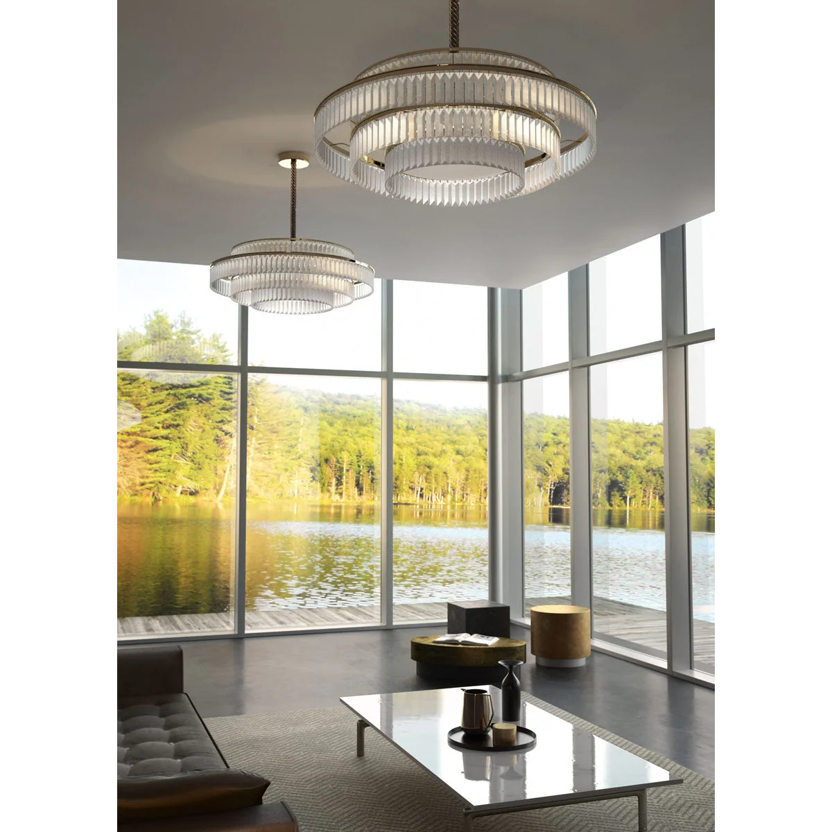 Tiered Crystal Drum Dining Room Chandelier | Modern Semi Flush Brass Pendant Lighting Statement Fixture