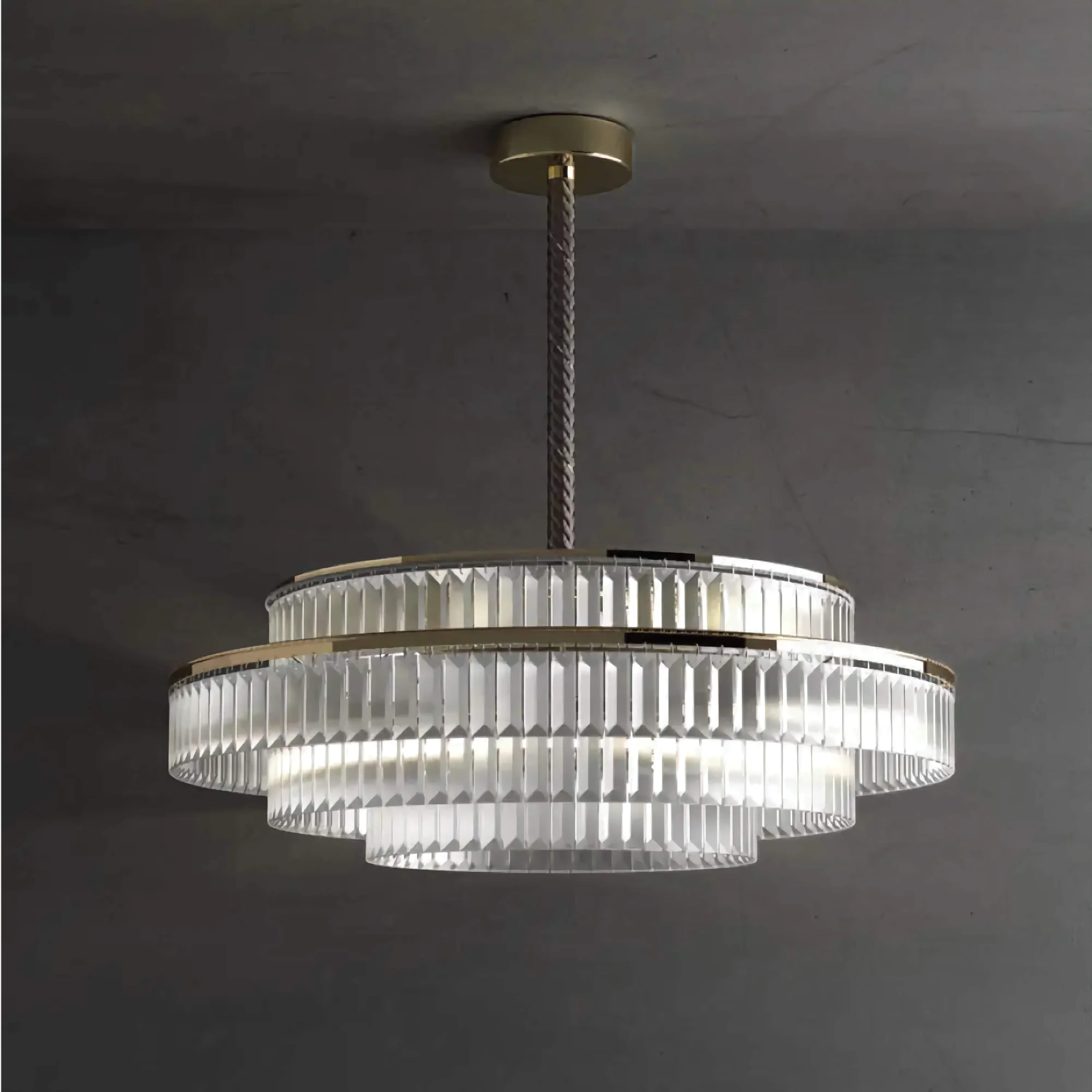 Tiered Crystal Drum Dining Room Chandelier | Modern Semi Flush Brass Pendant Lighting Statement Fixture