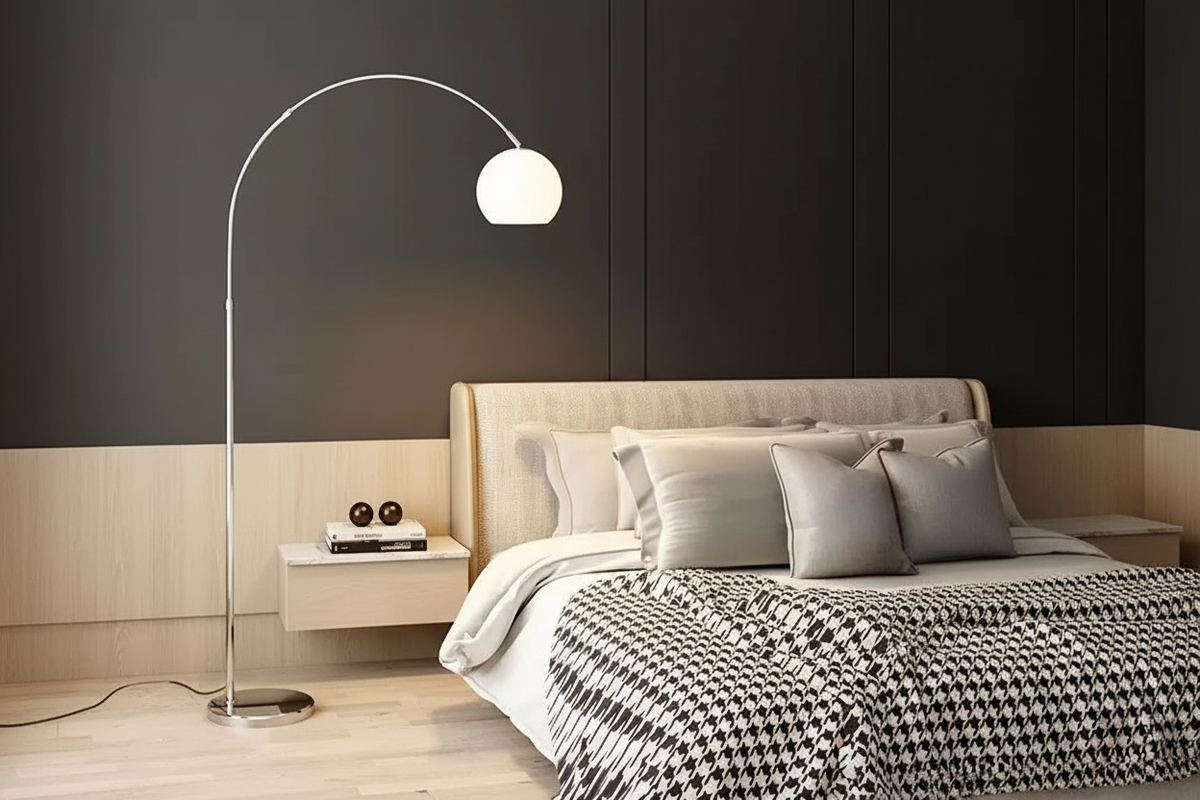 Chrome Arc Floor Lamp Marble Base | 50cm Reach Orange or White Shade E26/e27 Dimmable Option Casalola Lights Luxury