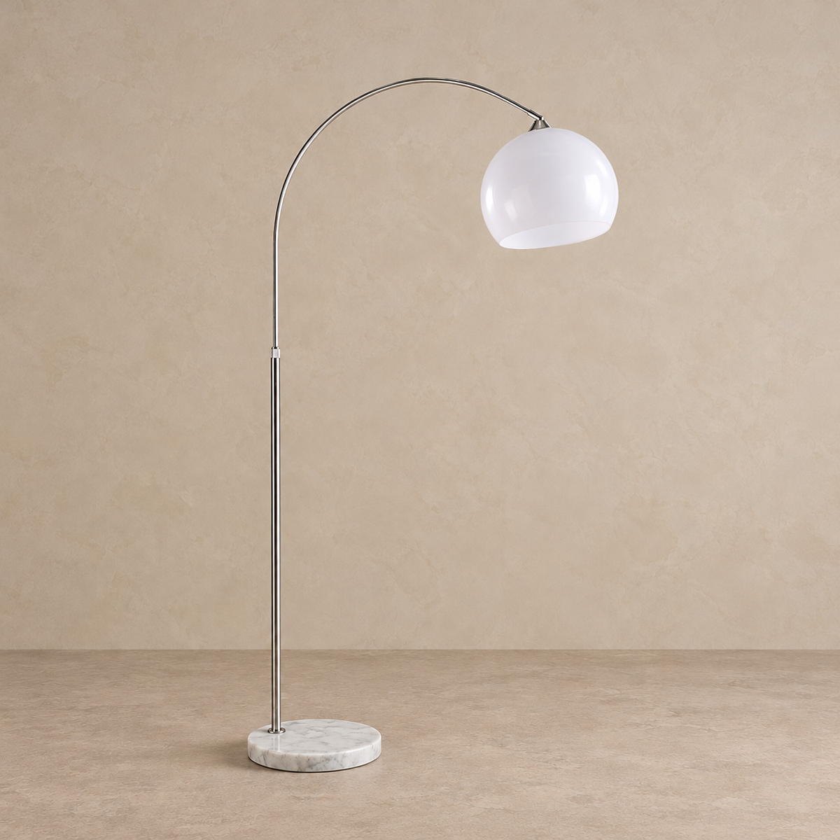 CLOPO8950 arc floor lamp with a white glass shade, switched off