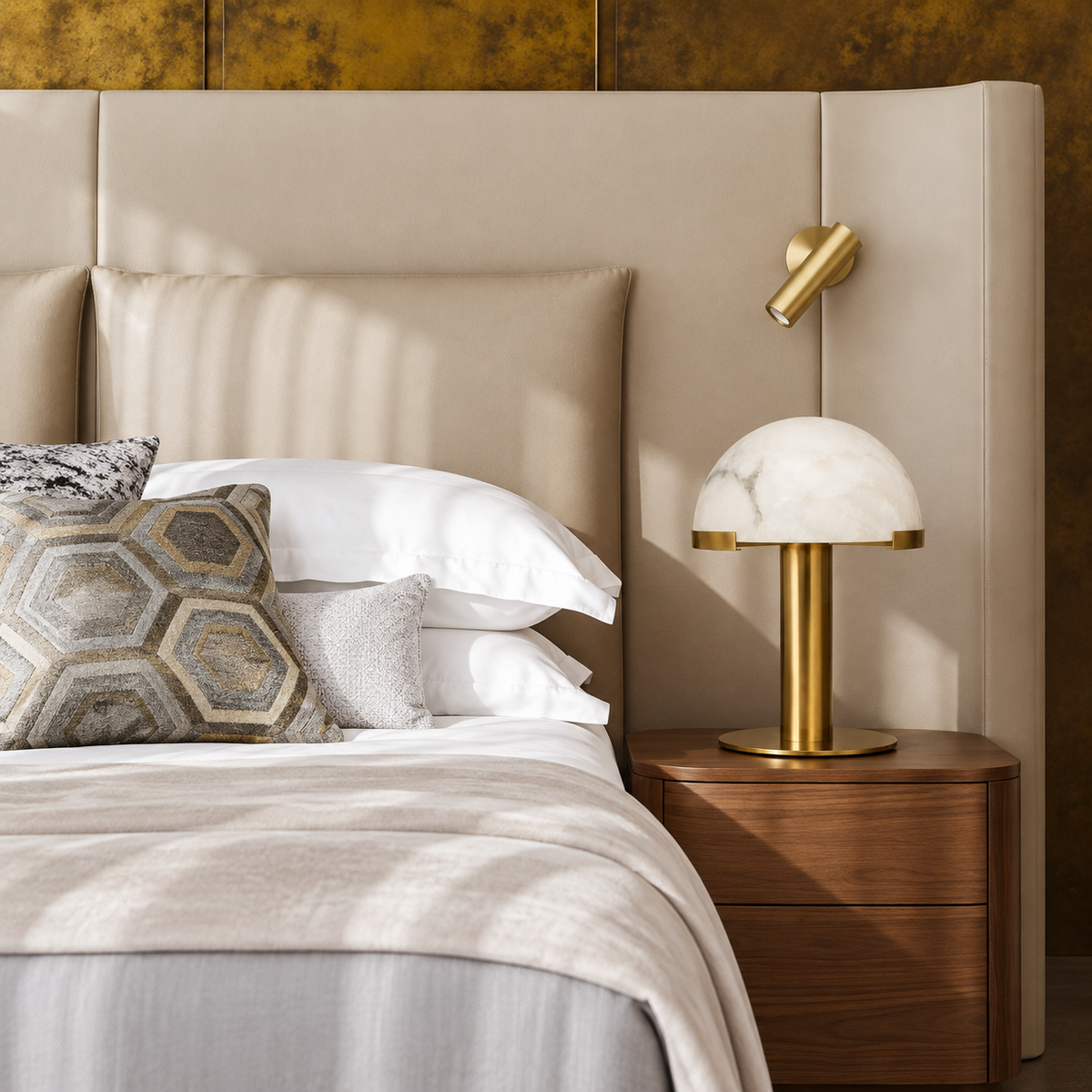 Alabaster and brass dome lamp on a walnut bedside table.