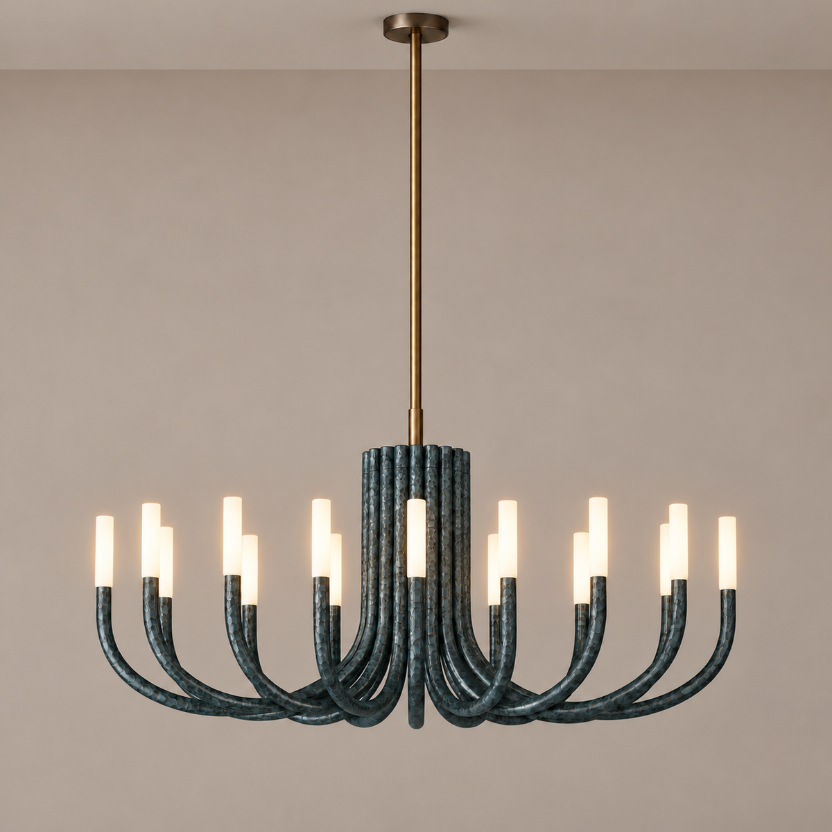 Grand Green Candelabra chandelier with illuminated white shades and textured blue-green arms