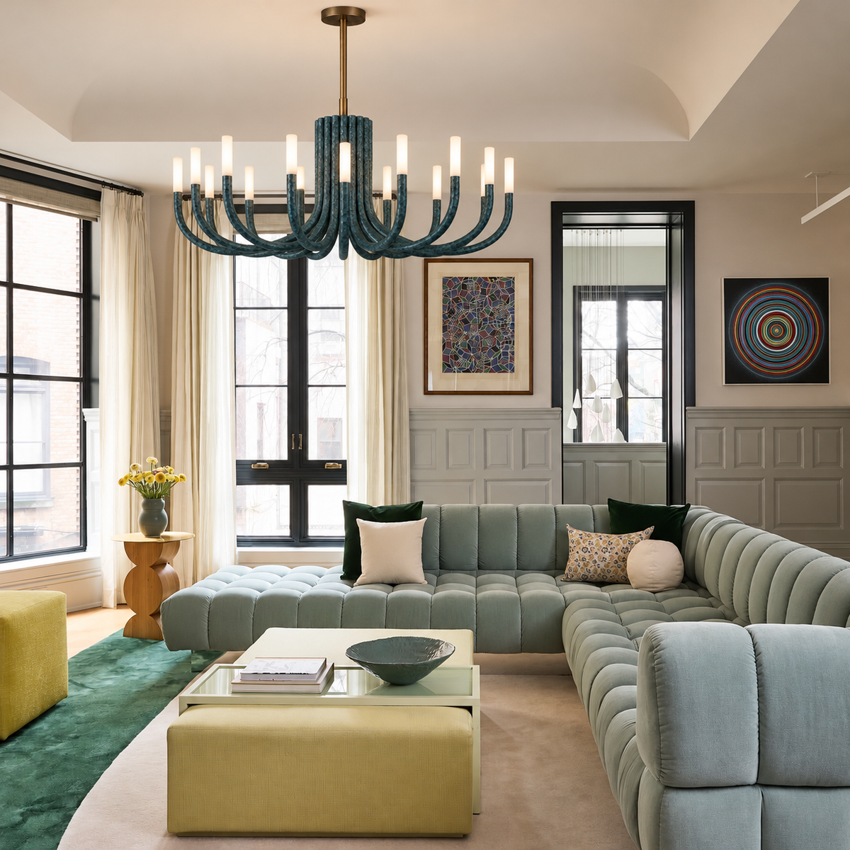 Grand Green Candelabra chandelier above a sage sectional in a bright living room