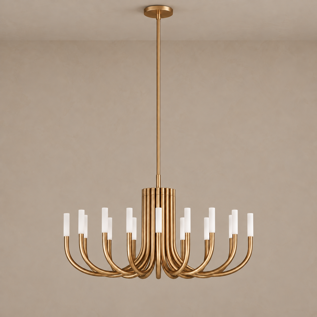 Grand Brass Candelabra chandelier with a full suspension rod and white cylindrical shades, unlit