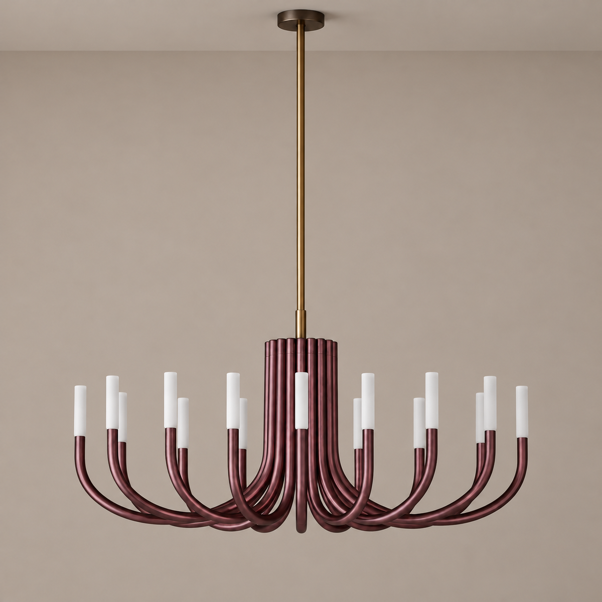 Grand Red Candelabra chandelier with burgundy arms, brass rod and aged-bronze ceiling plate, unlit