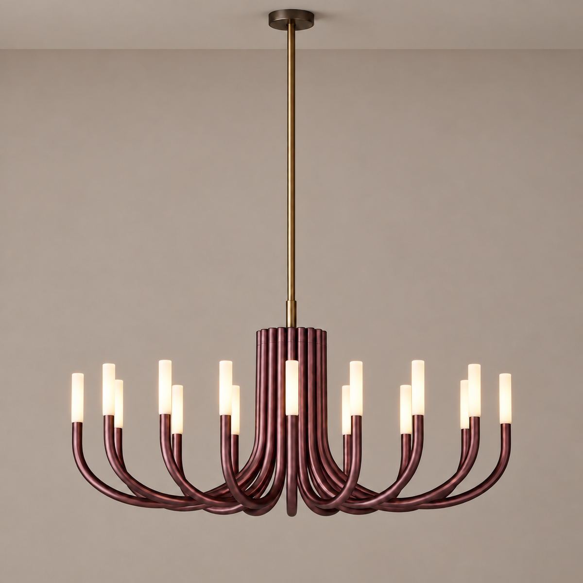 Grand Red Candelabra chandelier illuminated, with burgundy arms and an aged-bronze ceiling plate