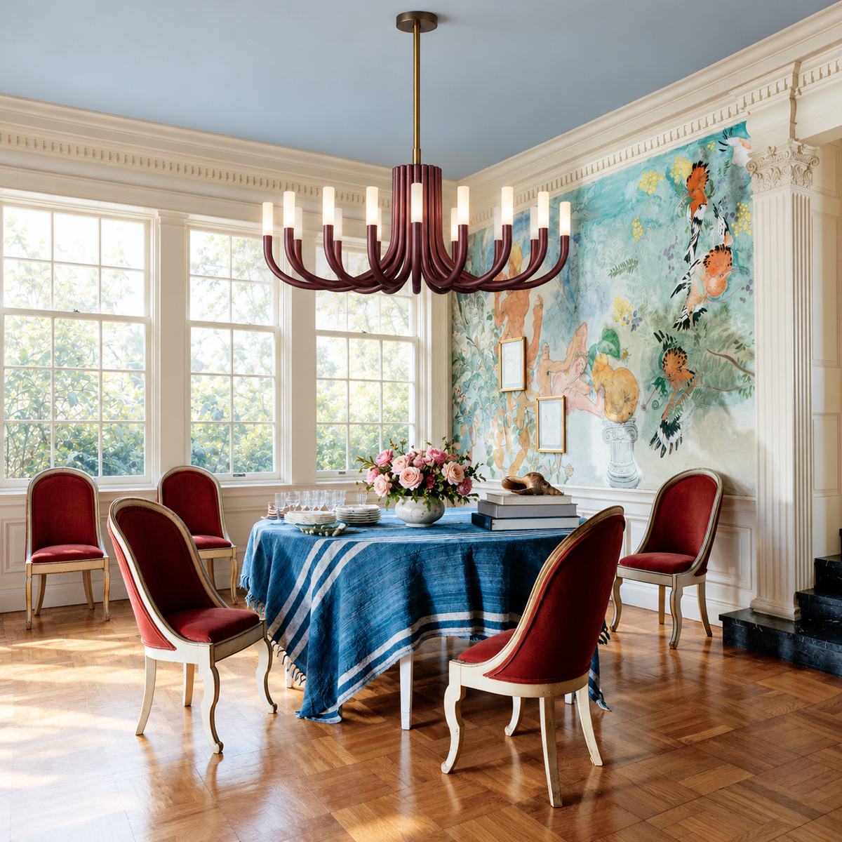 Grand Red Candelabra chandelier above a blue-covered dining table with red upholstered chairs